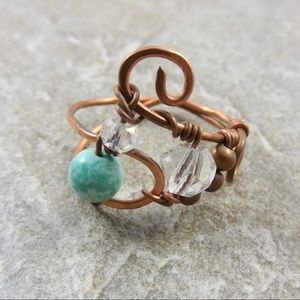 Copper ring with larimar and crystal